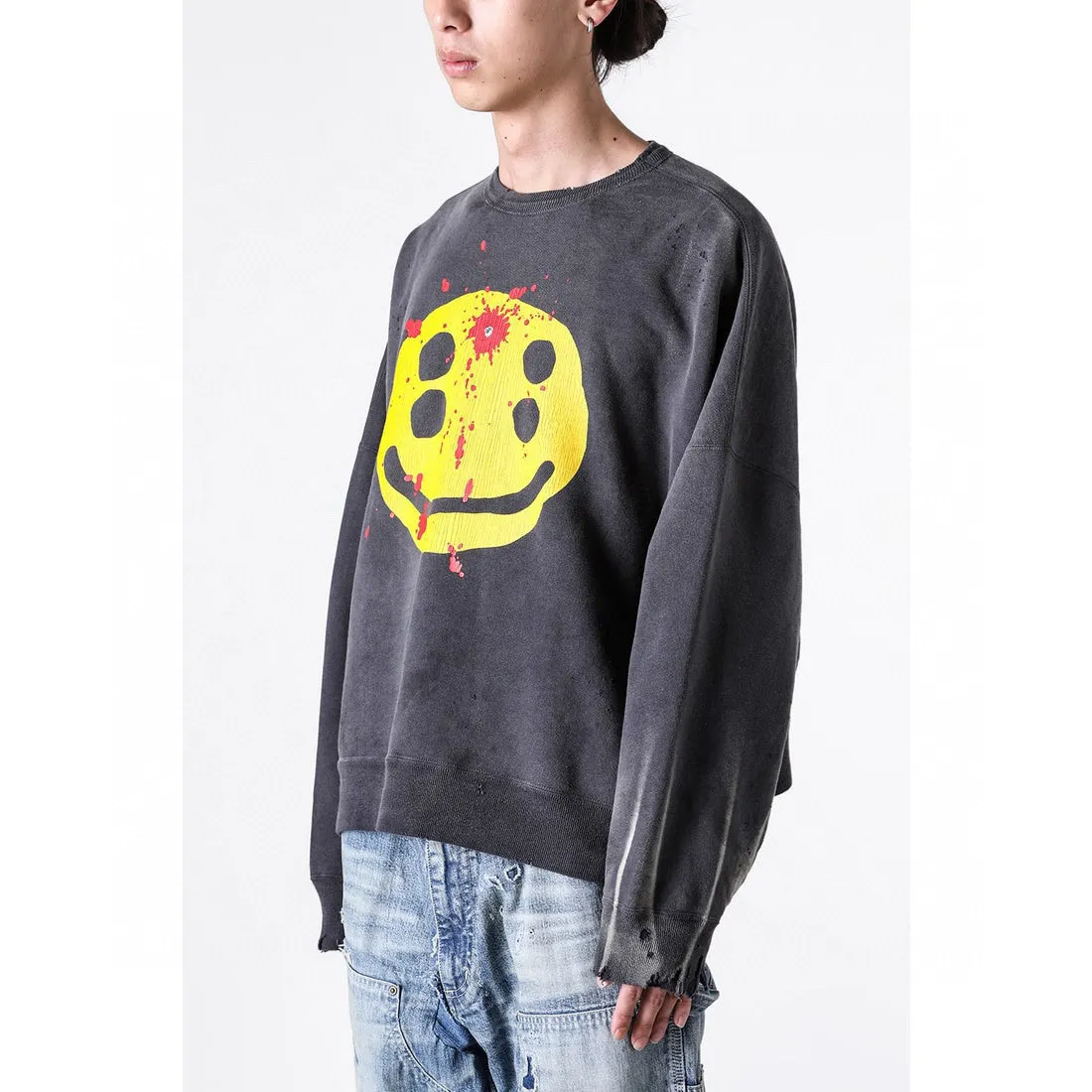 SAINT Mxxxxxx x CACTUS PLANT FLEA MARKET SMILE SWEATER SHIRT CPFM co-branded sweatshirt with smiley face, washed black S-XL, ready-to-wear Assute dyeing, heavy fermentation washing, multi-position spray fading, ultra-complex manual polishing/destruction treatment/special shearing treatment, special striped cuffs/multi-position shearing/pure handmade graffiti and dirty The only correct co-branded main wheat label/wash water label/little angel anti-counterfeiting label in the entire network